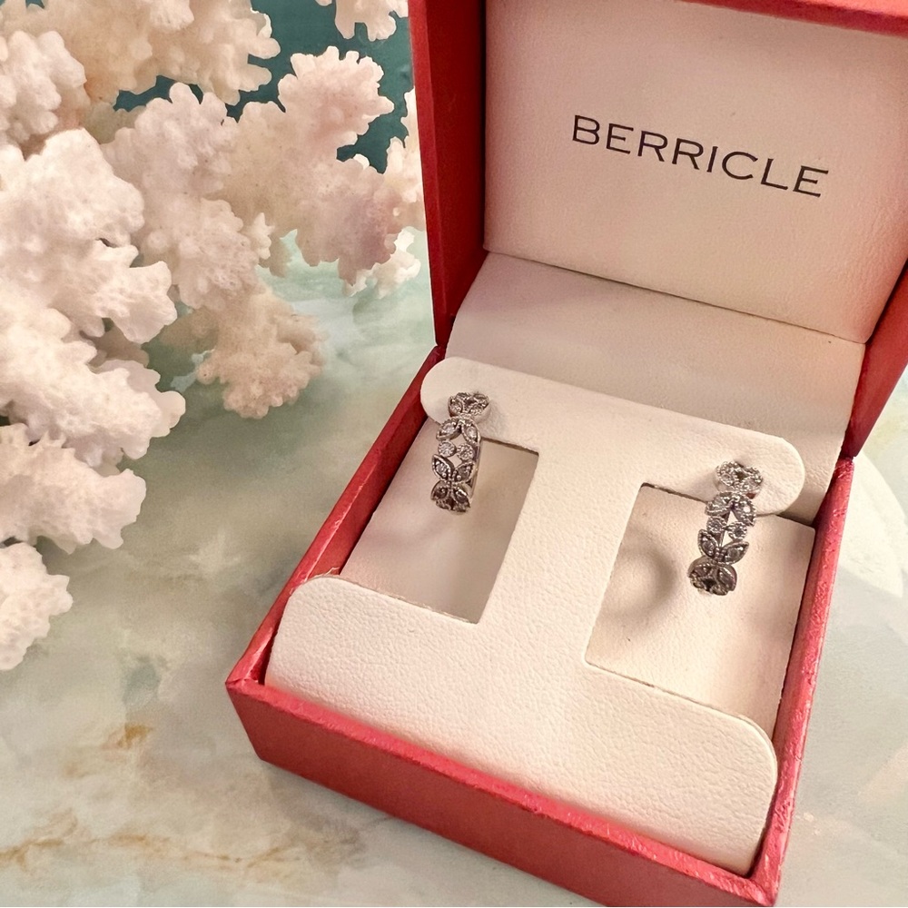 BERRICLE Sterling Silver CZ Floral Hoop Huggie Earrings NIB